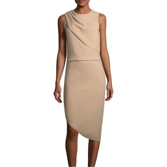 Halston Heritage Dresses & Skirts - Halston Heritage Camel Drape Front Asymmetrical Hem Dress Sleeveless Size 4
